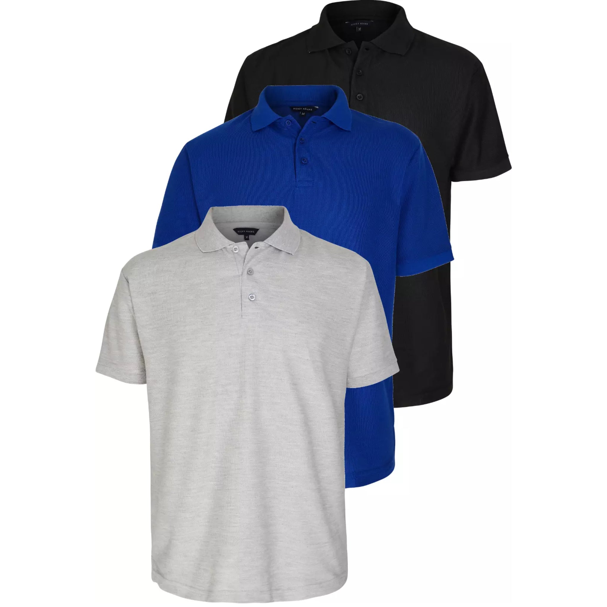 Classic men’s polo shirts 3 pack collared casual tops in black, grey and royal blue